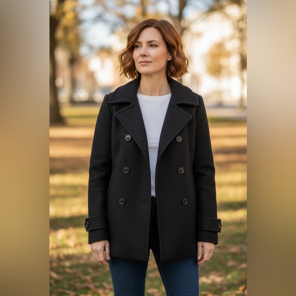 L.L. Bean NWT Blue Pea Coat Double Breasted with Wide Collar